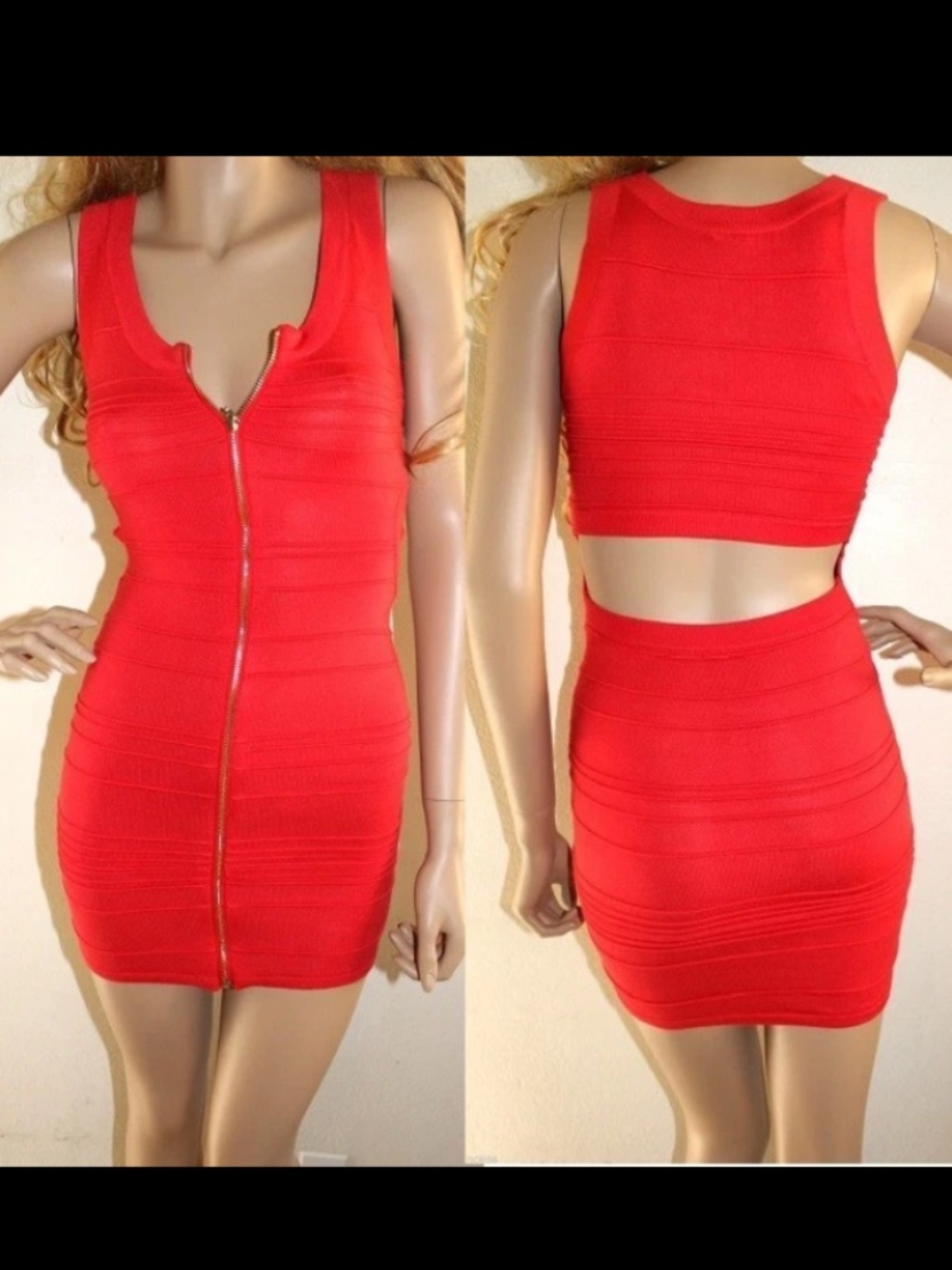 NWT Bebe 2b red gold zipper cutout back open sweater bodycon stretchy dress